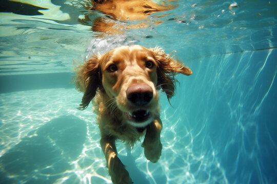 dog water funny swimming underwater snorkeling pool puppy vacation fun. Generative AI.