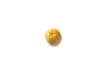 Delicious green olives isolated on white background. Olive and olive tree branches on a white table. Delicacy.