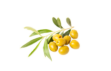 Delicious green olives isolated on white background. Olive and olive tree branches on a white...
