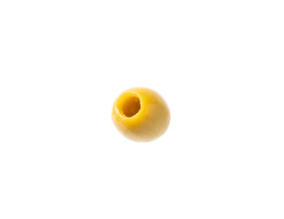 Delicious green olives isolated on white background. Olive and olive tree branches on a white table. Delicacy.