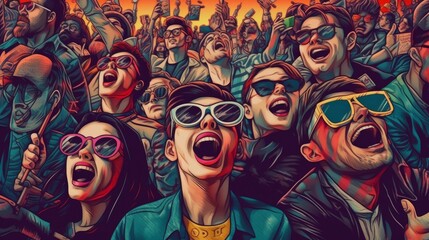 Young people watching a movie with 3D glasses in a cinema with great enthusiasm and wonder at the scene. Generative AI  - obrazy, fototapety, plakaty