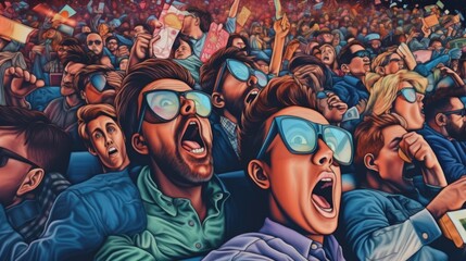Young people watching a movie with 3D glasses in a cinema with great enthusiasm and wonder at the scene - obrazy, fototapety, plakaty