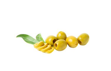 Delicious green olives isolated on white background. Olive and olive tree branches on a white table. Delicacy.