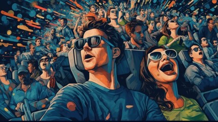 Young people watching a movie with 3D glasses in a cinema with great enthusiasm and wonder at the scene