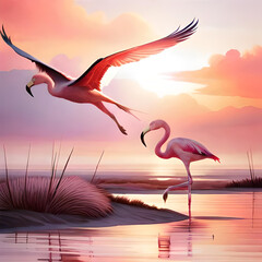 A flock of flamingos taking flight in a pink cloud - obrazy, fototapety, plakaty