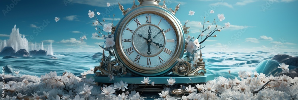 Poster a clock sitting on top of a lush green field. generative ai image.