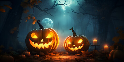 Spooky halloween pumpkins in dark mistery forest,  3D rendering ghost pumpkin on Halloween background, generative Ai
