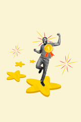 Vertical collage template of crazy cheerful positive guy leader celebrate victory dance challenge...