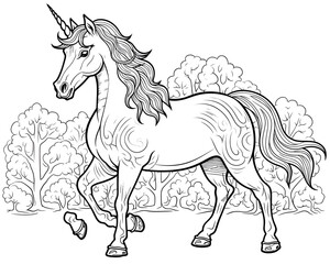 Naklejka na ściany i meble unicorn coloring pages for kids and adults, MAGICAL UNICORN COLORING PAGES, GENERATIVE Ai