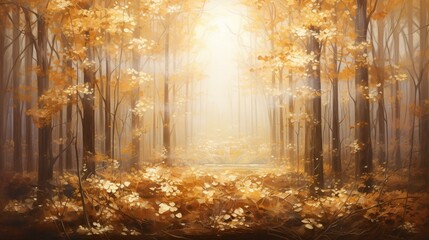 Fototapeta na wymiar Autumn forest with golden leaves and fog. Panoramic background