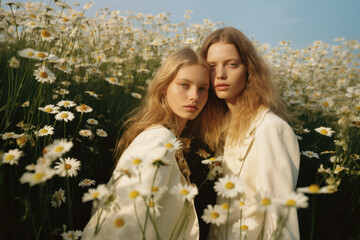 two female friends/models/lgbtq couple in magazine editorial fashion/beauty photo shoot in a field of daisies film photography look - generative ai art - obrazy, fototapety, plakaty
