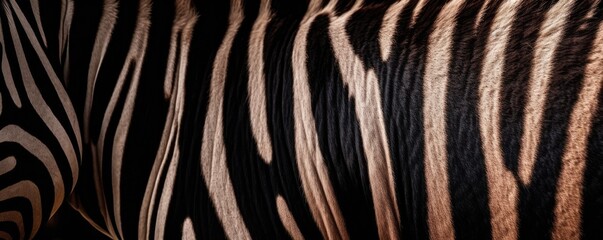 Fototapeta na wymiar Background banner of natural zebra skin. Close up intricate pattern of lines on the skin of a zebra. Ai generative.