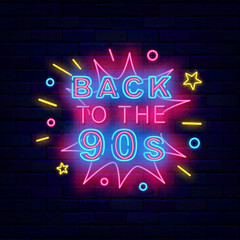 Back to the 90s neon sign. Retro party celebration. Holiday concept. Editable stroke. Vector stock illustration