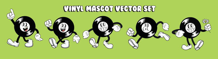 vinyl record cartoon mascot set, different poses, retro logo flat design, vector