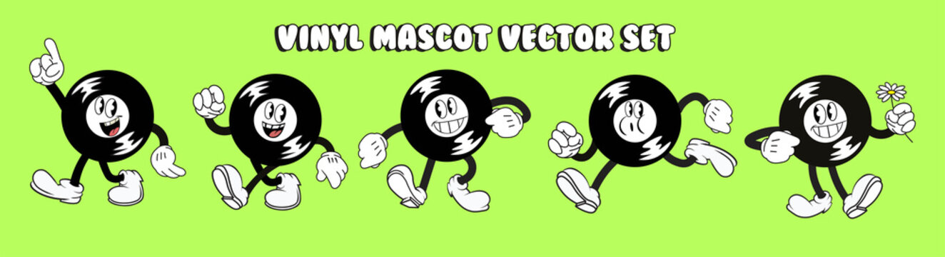 set of vinyl record characters, vintage mascot in different poses, retro cartoon style, logo design