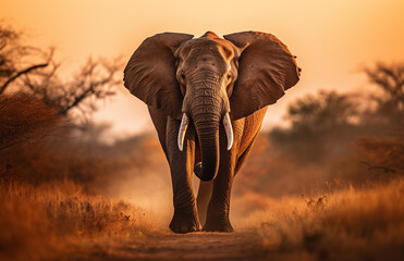 elephant at sunset walking towards the camera