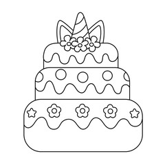 Unicorn Cake Coloring Page. Coloring Cartoon Birthday Cake With Candles. Desserts Coloring Book Illustration. Doodle Style. Cake Decoration Page Activity. Entertainment For Children