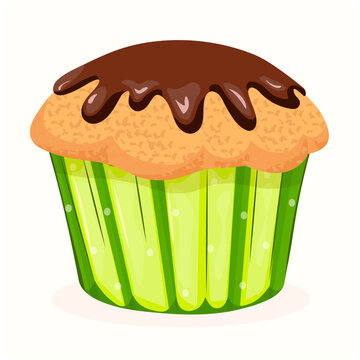 Cupcake with chocolate in a green package on a white background