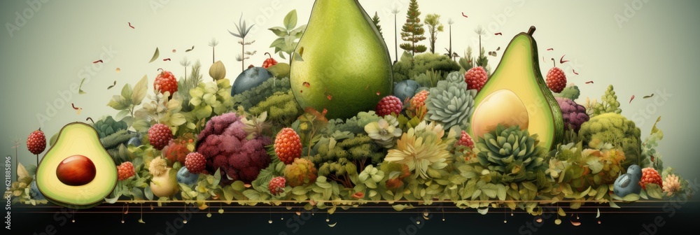 Poster a group of fruits and vegetables on a table. generative ai image.