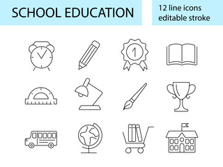 School education outline icons collection. Lamp, medal and cup. Back to School concept. Isolated vector illustration