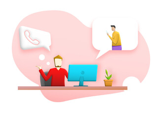 Man playing laptop is call to talk his friend on isolated background. Businessmen communication social network. Illustration 3D for content conversation via online network, people community work