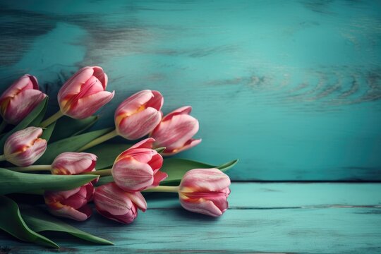Beautiful frame composition of spring flowers. Bouquet of pink tulips flowers on turquoise blue vintage wooden background. Ai generative.