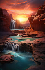 beautiful sunset landscape in a red canyon with waterfalls and turquoise waters in the desert.illustration by Ai generative