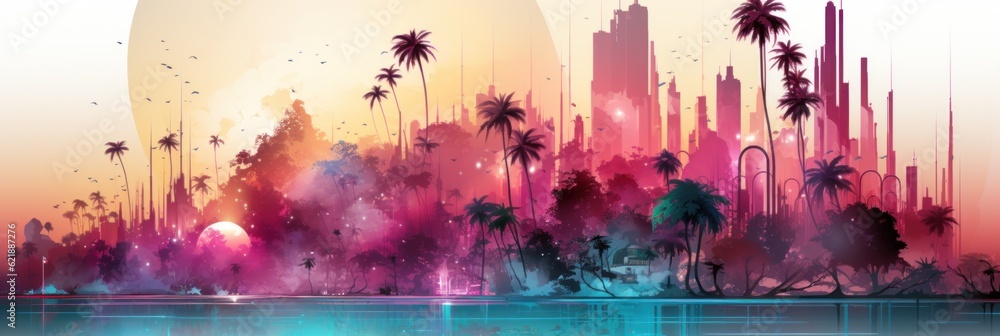 Poster a painting of a city with palm trees in the foreground. generative ai image.