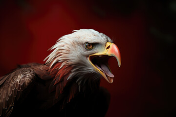 Obraz premium Regal Majesty. A majestic eagle roaring with pride, isolated on a solid red background. Symbol of power and grandeur concept. AI Generative