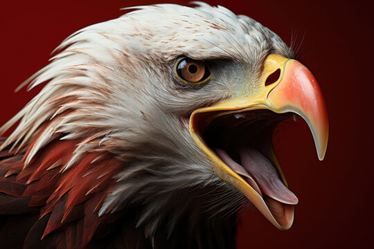 Regal Majesty. A majestic eagle roaring with pride, isolated on a solid red background. Symbol of power and grandeur concept. AI Generative