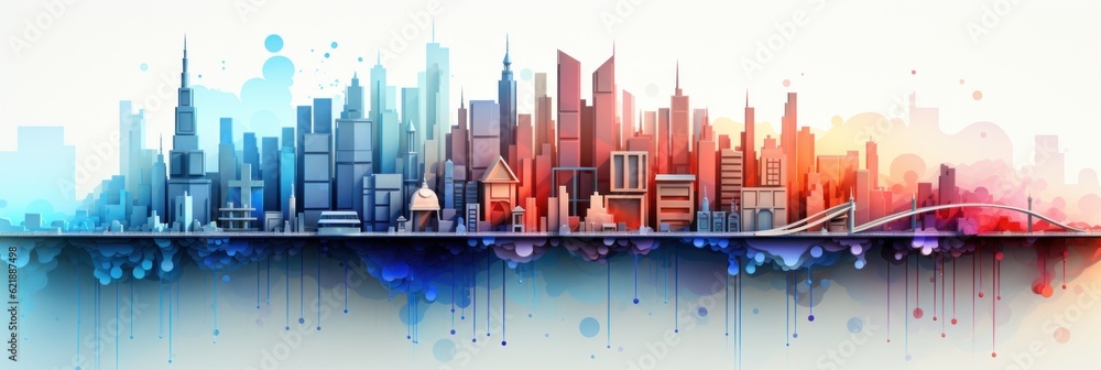 Poster a cityscape with a bridge in the middle of it. generative ai image.