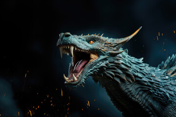 Roar of the Dragon. A majestic dragon roaring with pride and spitting fire, isolated on a solid blue background. Mythical power and awe-inspiring presence concept. AI Generative
