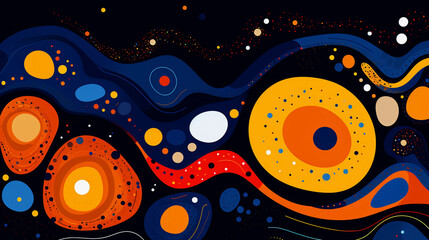 an abstract orange, dark blue, and yellow modern patterns with white dots and geometric circular liquids created by generative AI