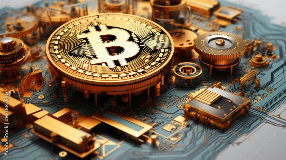 Aufkleber a golden bitcoin sitting on top of a circuit board. generative ai image.