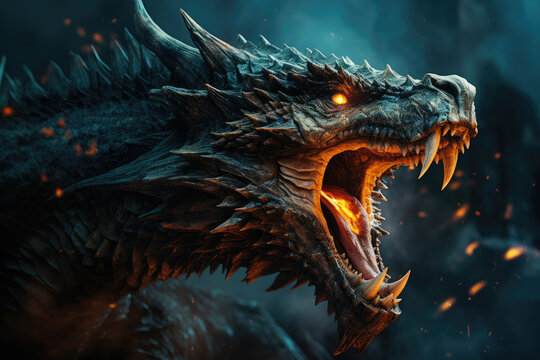 Roar of the Dragon. A majestic dragon roaring with pride and spitting fire, isolated on a solid blue background. Mythical power and awe-inspiring presence concept. AI Generative