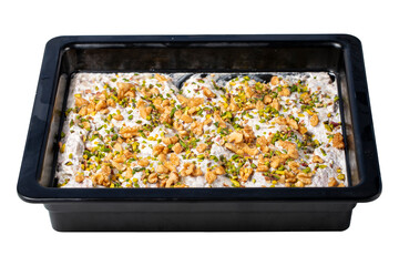 Salad with yoghurt, chicken and roasted eggplant isolated on white background. Healthy appetizers. Local name marko pasa