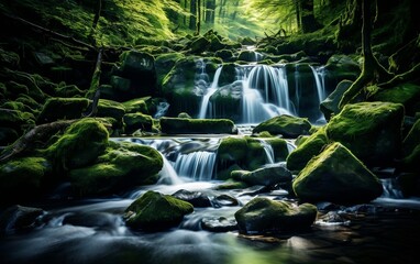 A small waterfall in the middle of a forest. AI