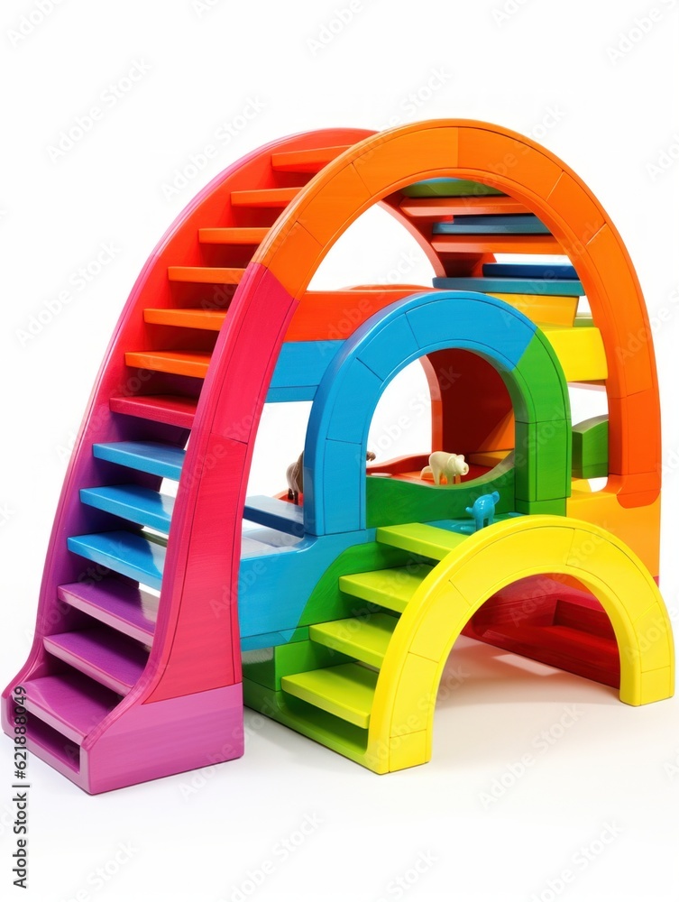 Poster a multicolored play set with a slide and stairs. generative ai image.