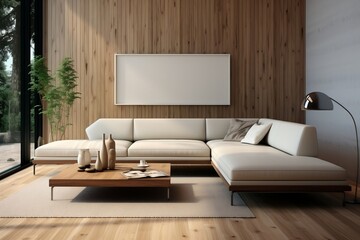 A cozy living room with a comfortable couch and a stylish coffee table. AI