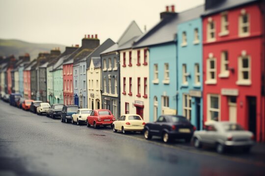 A quiet town, captured with a tilt-shift lens, giving a miniature effect to the scene and enhancing the sense of serenity. Generative AI