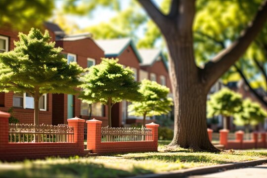 A quiet town, captured with a tilt-shift lens, giving a miniature effect to the scene and enhancing the sense of serenity. Generative AI