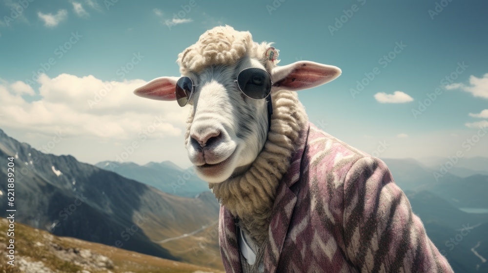 Poster a sheep wearing a blanket on top of a mountain. generative ai image.
