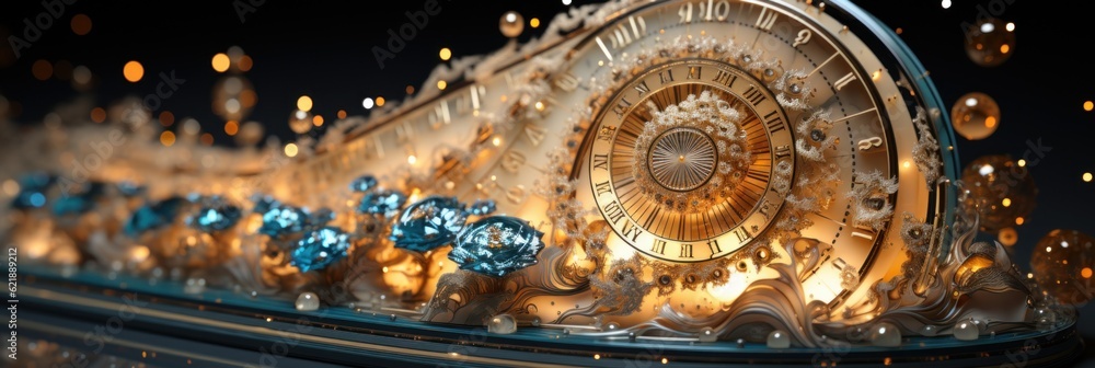 Poster a close up of a clock on a table. generative ai image.