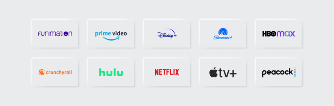 Rivne - July 10, 2023. Top world online streaming service platforms logo set in neumorphism style. Netflix, Apple TV. HBO Max, Disney+, Paramount+, Amazon prime video, Hulu, Peacock, Crunchyroll, Funi