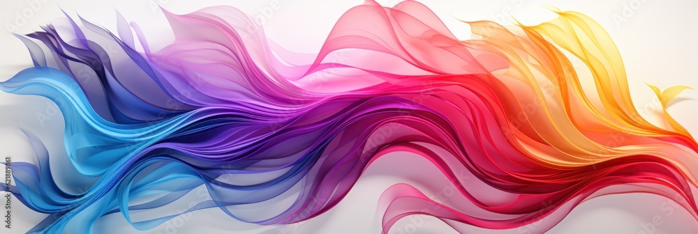 Poster a multicolored wave of flowing fabric against a white background. generative ai image.