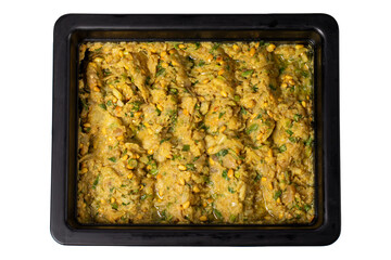 Sicilyano isolated on white background. Appetizer prepared with olive oil, curry, pistachios and eggplant. healthy appetizers