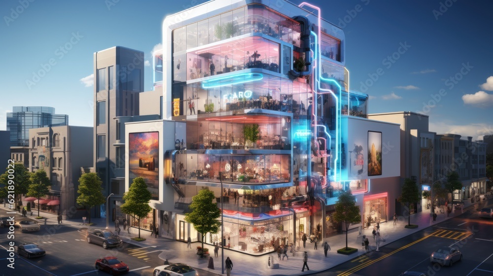 Poster a tall building with a lot of windows on top of it. generative ai image.