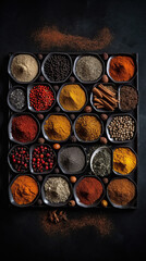 Colorful spices at a traditional oriental market, top view