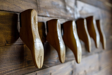 Shoe pads hang on a wooden wall.
