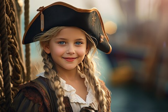 young pirate girl on pirate ship, Generative Ai